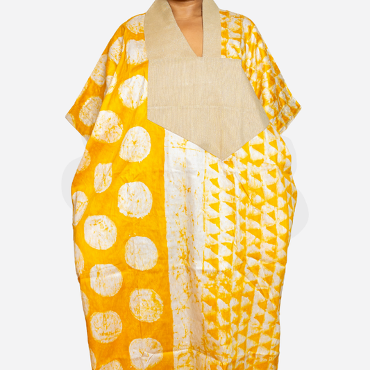 AIKA Yellow Adire Bubu with Aso oke neck detail