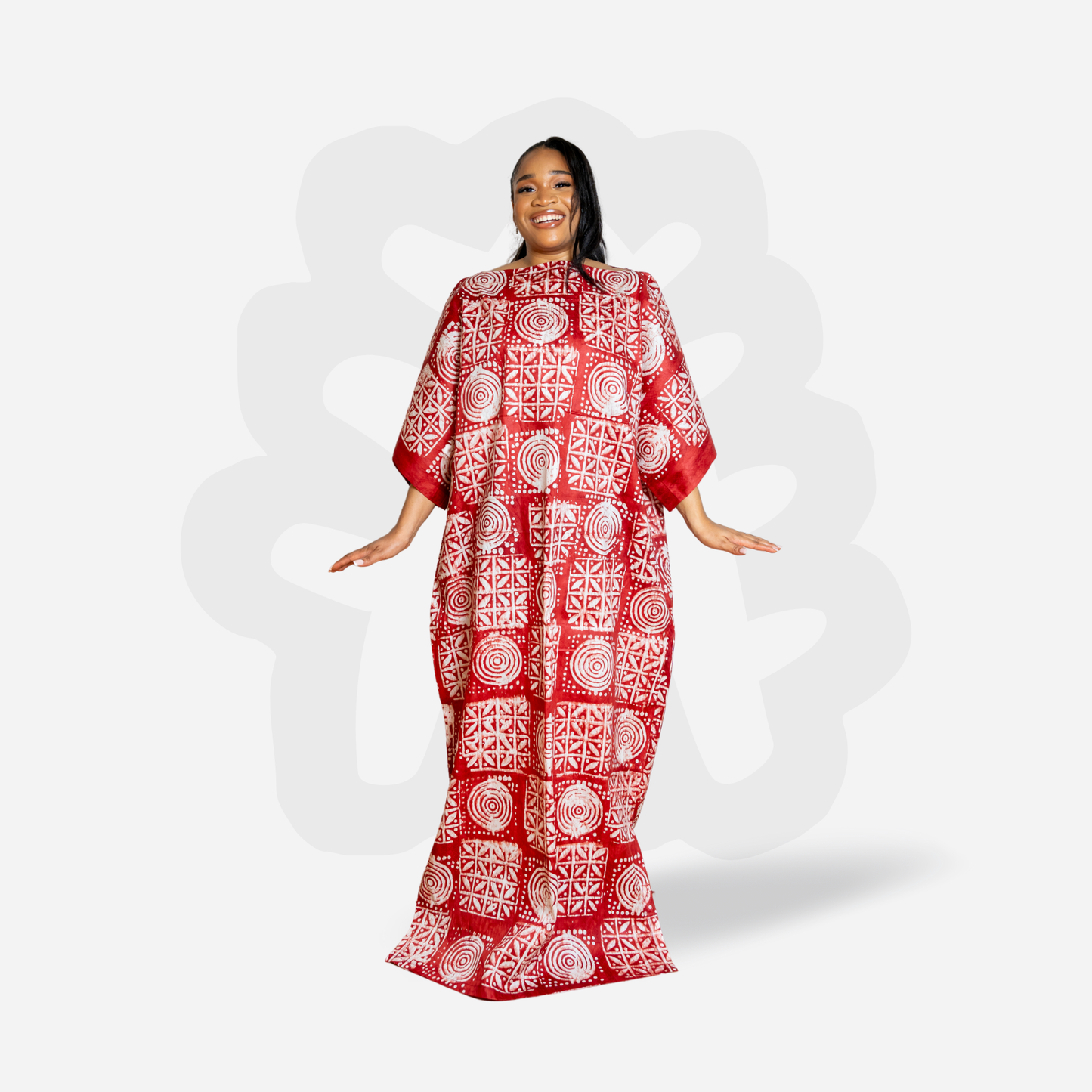 Adire Bubu with White Symbolic Motifs – Handmade Kaftan Dress
