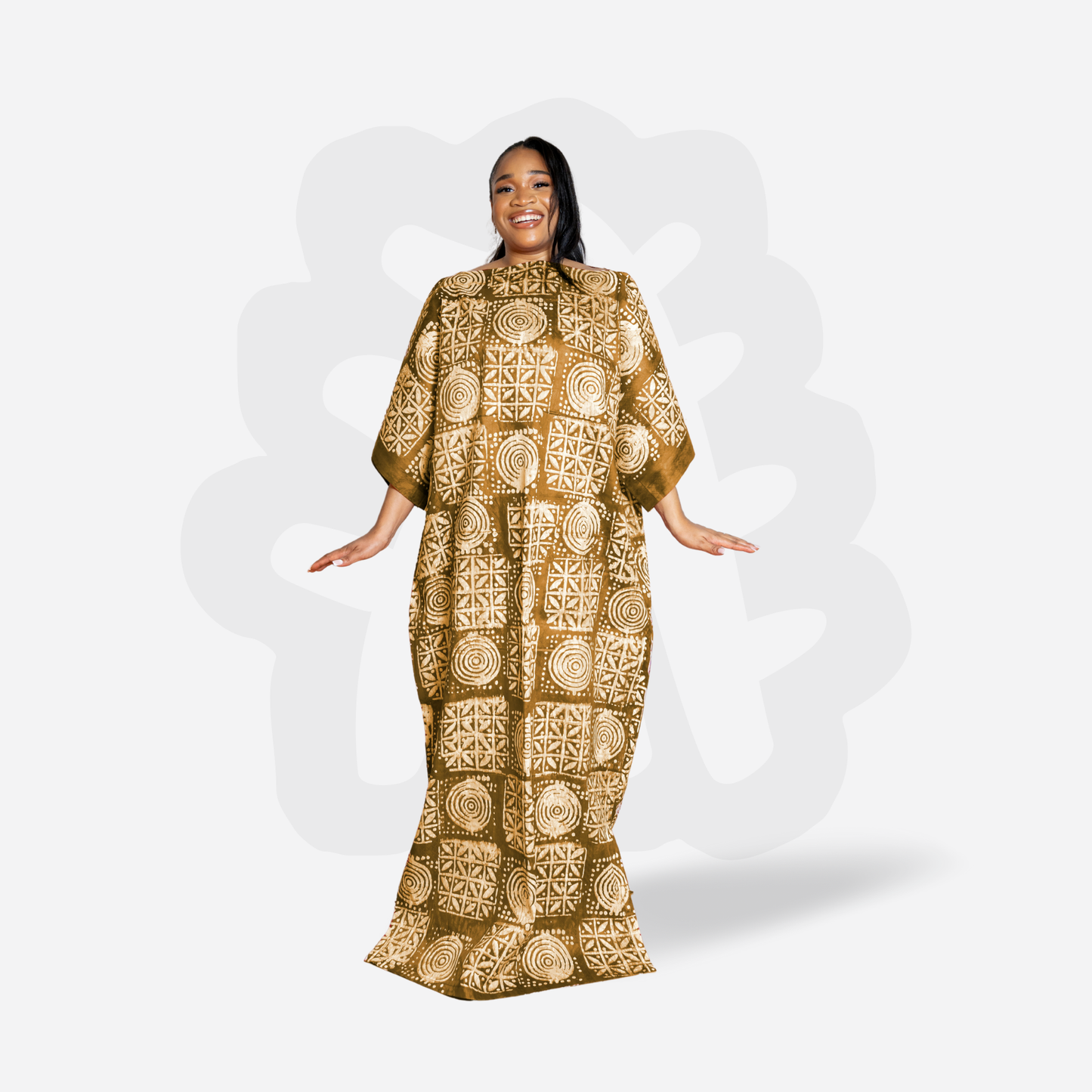 Adire Bubu with White Symbolic Motifs – Handmade Kaftan Dress